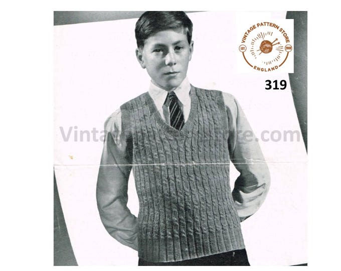 Boys 50s vintage 3 ply V neck cable cabled tank top sweater vest & raglan jumper pdf knitting pattern 32" chest Instant PDF Download 319