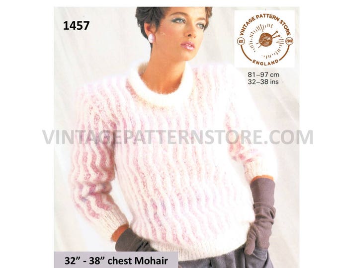 Ladies Womens 80s vintage round roll neck wavy rib cable cabled mohair raglan sweater jumper pdf knitting pattern 32" to 38" Download 1457