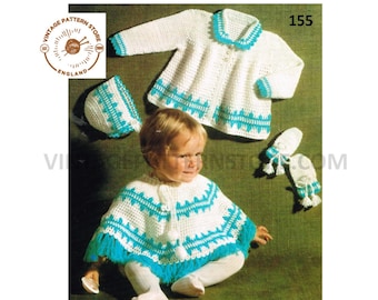 Baby Babies 70s vintage 4 ply round neck matinee coat jacket bonnet mittens and poncho pdf crochet pattern 20" chest PDF download 155