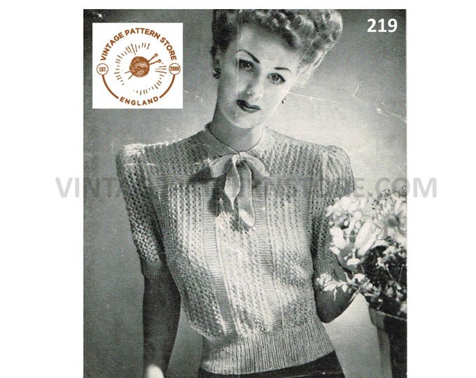 Ladies Womens 40s vintage 2 ply lacy lace box shoulder short sleeve raglan sweater jumper blouse pdf knitting pattern 40" chest Download 219