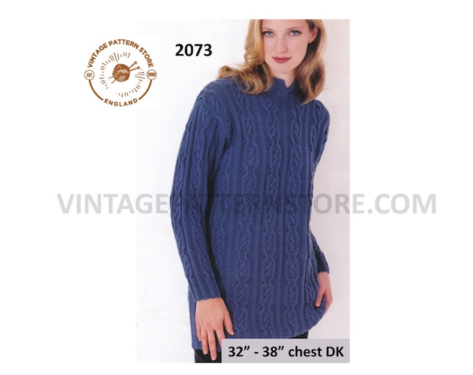 Ladies Womens 90s DK round split neck long line cable cabled raglan sweater jumper pdf knitting pattern 32" to 38" Instant PDF Download 2073