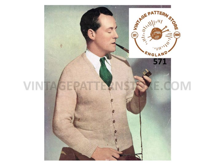 Mens Mans 50s vintage simple and easy to knit V neck 3 ply raglan cardigan pdf knitting pattern 38" to 42" chest Instant PDF download 571