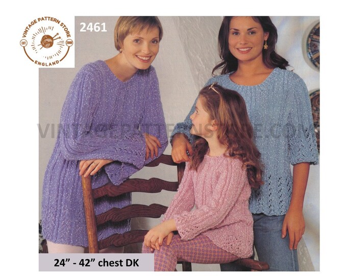 Ladies Womens Girls 90s DK V or round neck long line and short lacy tunic sweater jumper pdf knitting pattern 24" to 42" PDF download 2461