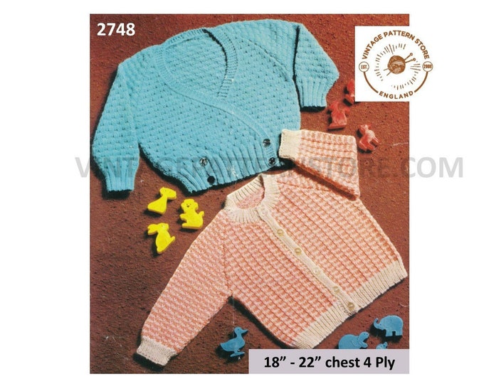 Baby Babies 70s vintage 4 ply V neck crossover & round neck raglan cardigan pdf knitting pattern 18" to 22" chest Instant PDF download 2748