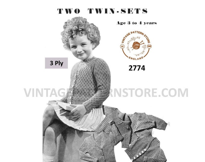 Girls 30s vintage 3 ply ribbed or lattice cabled raglan cardigan sweater twin set pdf knitting pattern Age 3 to 4 years PDF download 2774