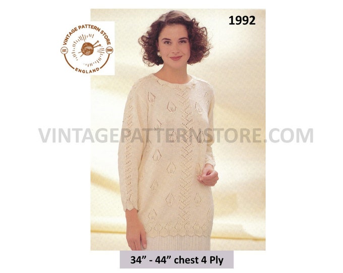 Ladies Womens 90s 4 ply round neck lacy long line raglan tunic sweater dress pdf knitting pattern 34" to 44" chest Instant PDF download 1992
