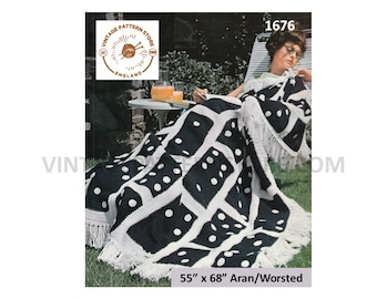 70s vintage domino patterned fringed aran afghan throw pdf crochet pattern 55" by 68" Instant PDF download 1676