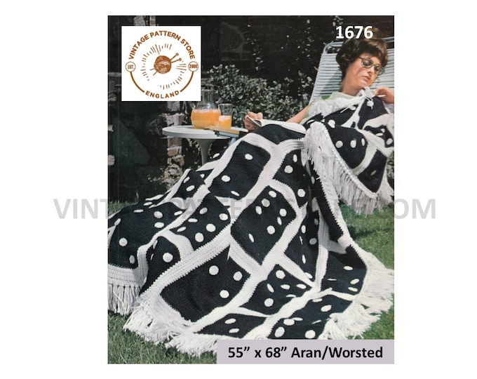 70s vintage domino patterned fringed aran afghan throw pdf crochet pattern 55" by 68" Instant PDF download 1676