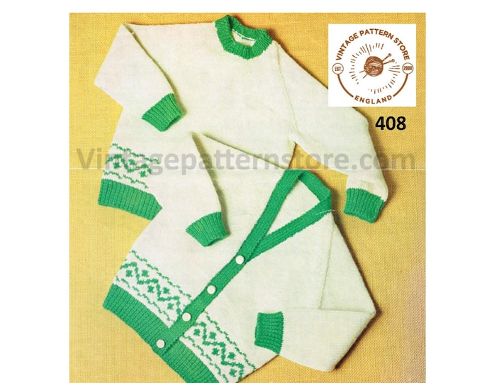 Baby Babies 80s vintage fair isle banded V neck raglan cardigan & sweater jumper pdf knitting pattern 20" to 26" chest Instant Download 408
