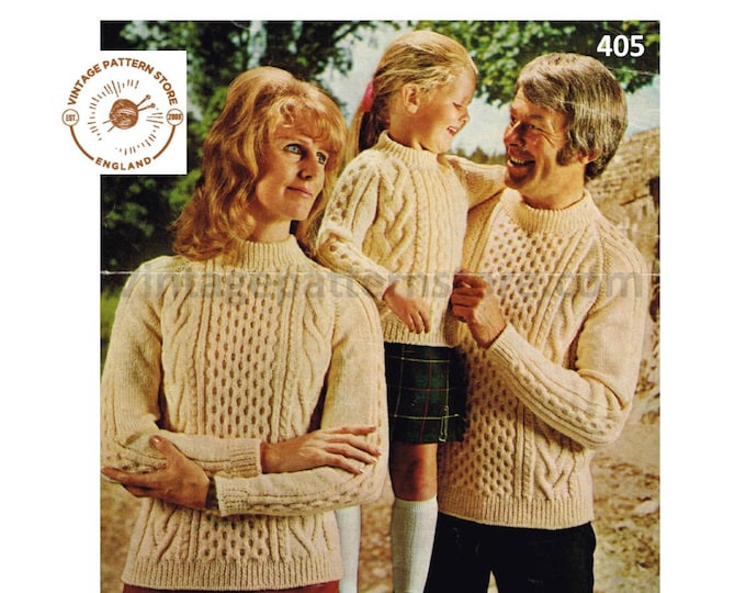 Ladies Womens Mens Boys Girls 80s family crew neck cable cabled raglan aran sweater jumper pdf knitting pattern 24" to 42" Download 405