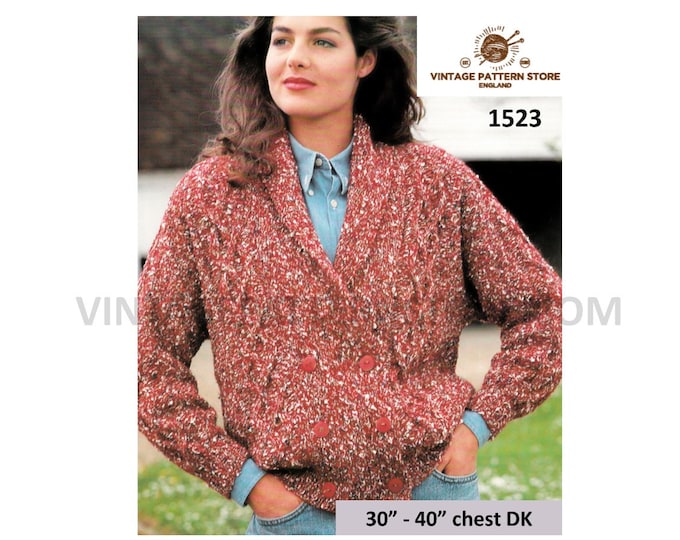 Ladies Womens 90s shawl collar drop shoulder double breasted DK dolman jacket cardigan pdf knitting pattern 30" to 40" chest download 1523