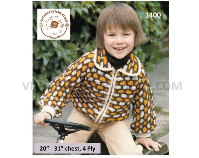 Toddlers Boys 70s vintage 4 ply round neck collared multi coloured zipped raglan jacket pdf knitting pattern 20" to 31" chest Download 1400
