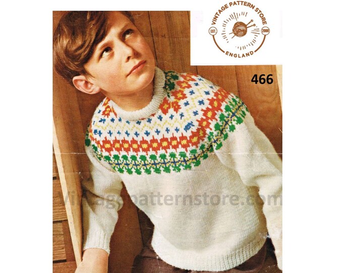 Boys 80s vintage DK crew neck fair isle yoke yoked raglan sweater jumper pullover pdf knitting pattern 24" to 30" chest instant Download 466