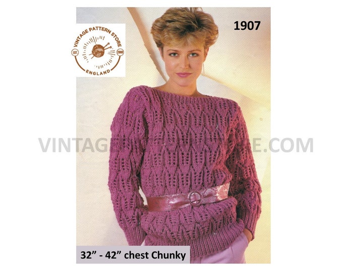 Womens Ladies 90s slash neck cabled cable & lace lacy chunky knit raglan sweater jumper pdf knitting pattern 32" to 42" chest download 1907