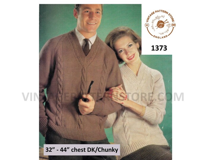 Ladies Womens Mens 50s vintage chunky knit V neck cable cabled raglan sweater jumper pullover pdf knitting pattern 32" to 44" Download 1373