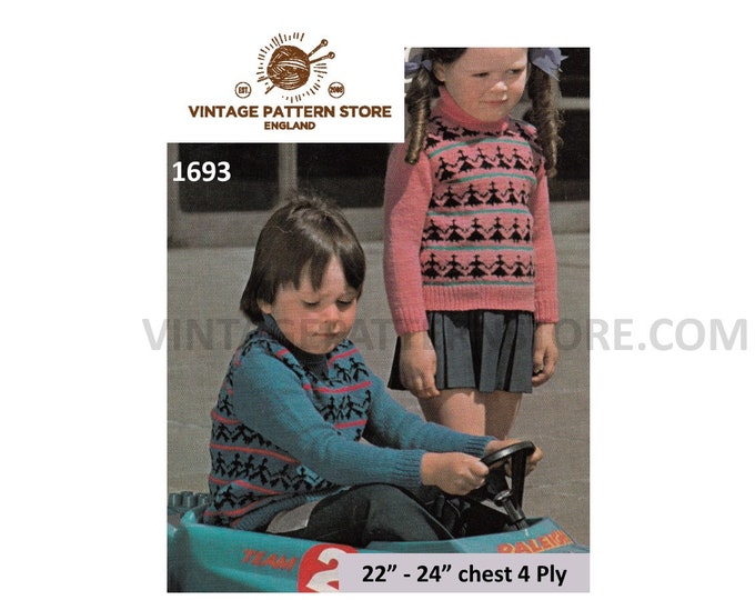 Boys Girls Toddlers Childs 70s vintage 4 ply striped intarsia raglan sweater jumper pdf knitting pattern 22" to 24" chest PDF Download 1693