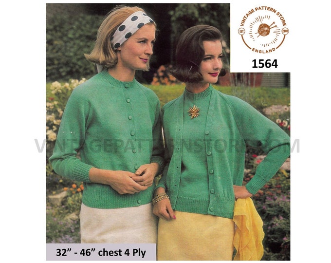 Womens Ladies 50s easy to knit 4 ply V neck raglan cardigan & round neck sweater twin set pdf knitting pattern 32" to 46" Download 1564