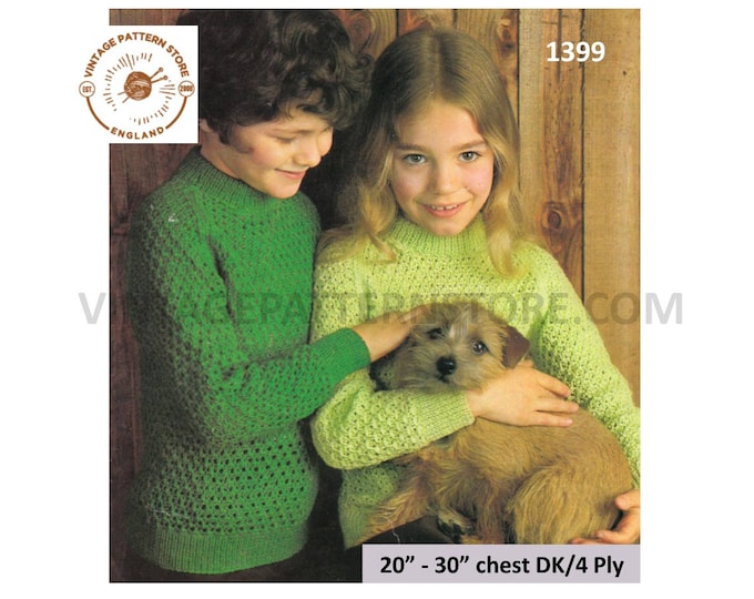 Boys Girls 70s vintage DK or 4 ply crew neck textured raglan sweater jumper pdf knitting pattern 20" to 30" chest Instant PDF Download 1399