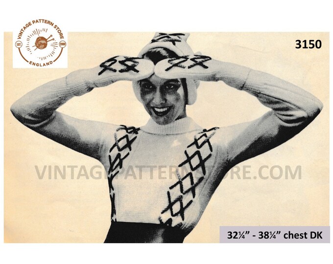 Ladies Womens 50s vintage DK toque hat mittens and bold embroidered raglan sweater jumper pdf knitting pattern 3.25" to 38.25" Download 3150