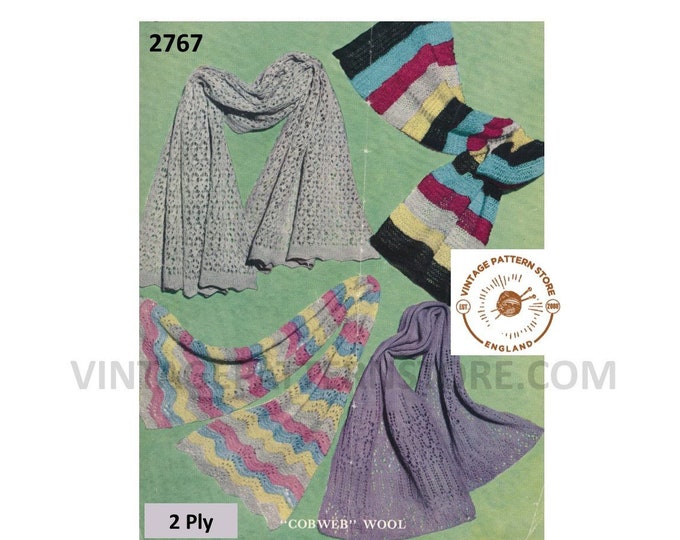 Ladies Womens 30s vintage 2 ply lace lacy and striped shawl scarf wrap pdf knitting pattern Instant PDF download 2767