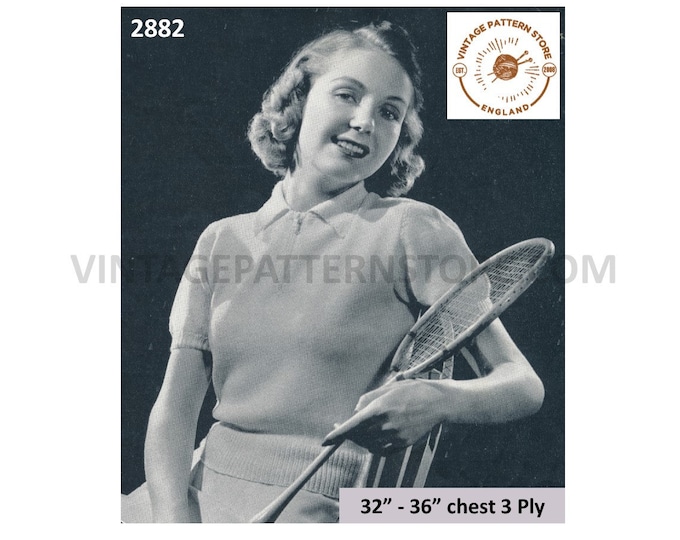 Ladies Womens 30s vintage 3 ply zip up round neck short sleeve Summer sports sweater jumper pdf knitting pattern 32" to 36" Download 2882