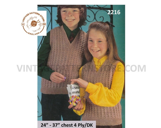 Boys Girls 70s vintage DK or 4 ply V neck cable cabled sleeveless sweater vest tank top pdf knitting pattern 24" to 37" chest Download 2216