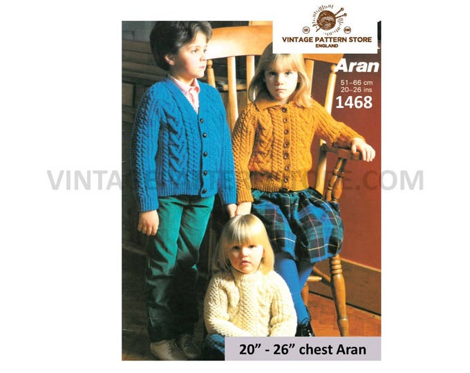 Boys Girls Toddlers 90s V round or crew neck cable cabled aran sweater jumper & cardigan pdf knitting pattern 20" to 26" PDF Download 1468