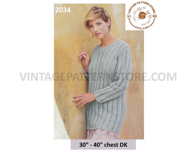 Ladies Womens 90s DK round neck long line drop shoulder raglan tunic sweater jumper pdf knitting pattern 30" to 40" Instant download 2034