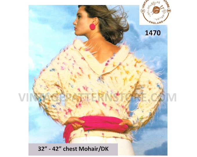 Ladies 80s sweater knitting pattern, Womens backless sweater patterns, DK shawl collar sweater patterns - 32" - 42" chest PDF download 1470