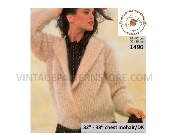 Ladies Womens 90s V neck collared crossover slouchy dolman mohair cardigan jacket pdf knitting pattern 32" to 38" chest PDF Download 1490