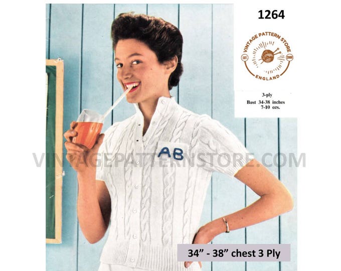 Ladies Womens 60s vintage 3 ply crew neck twist cable short sleeve raglan Summer cardigan pdf knitting pattern 34" to 38" Download 1264