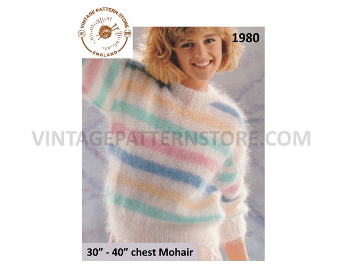 Ladies Womens 90s easy to knit round neck rainbow striped dolman mohair sweater jumper pdf knitting pattern 30" to 40" PDF Download 1980