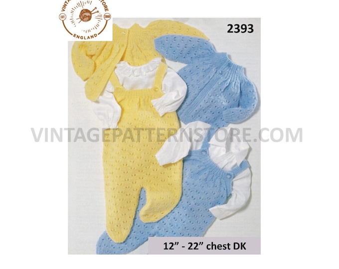 Premature Preemie Baby Babies lacy lace DK matinee coat jacket & dungarees rompers pdf knitting pattern 12" to 22" chest PDF download 2393