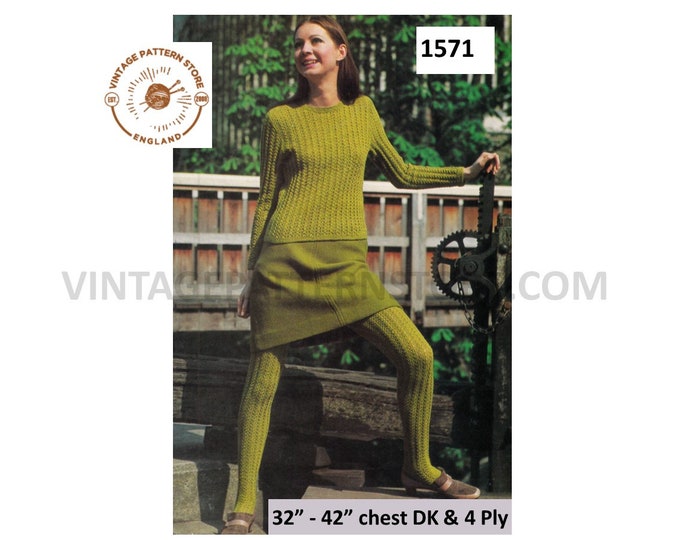 Womens Ladies 60s vintage 4 ply or DK lacy lace raglan sweater jumper and stockings pdf knitting pattern 32" to 42" chest PDF Download 1571