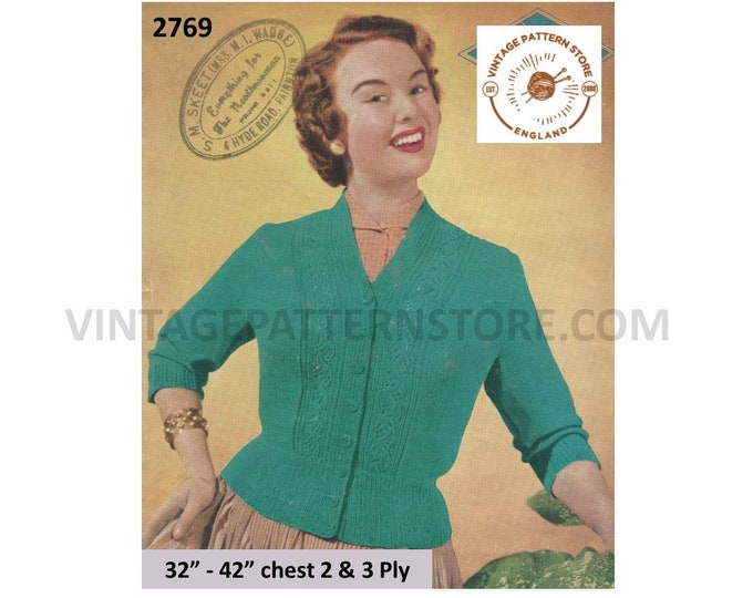 Ladies Womens 50s vintage 2 ply or 3 ply V neck cabled cable edge raglan cardigan pdf knitting pattern 36" to 42" chest PDF download 2769