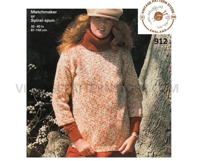 Ladies Womens 70s easy to knit polo neck DK raglan sweater jumper & short sleeve over sweater pdf knitting pattern 32" to 42" Download 912