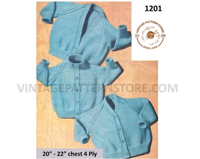 Baby Babies 50s vintage easy to knit 4 ply round or V neck raglan cardigan pdf knitting pattern 20" to 22" chest Instant PDF download 1201