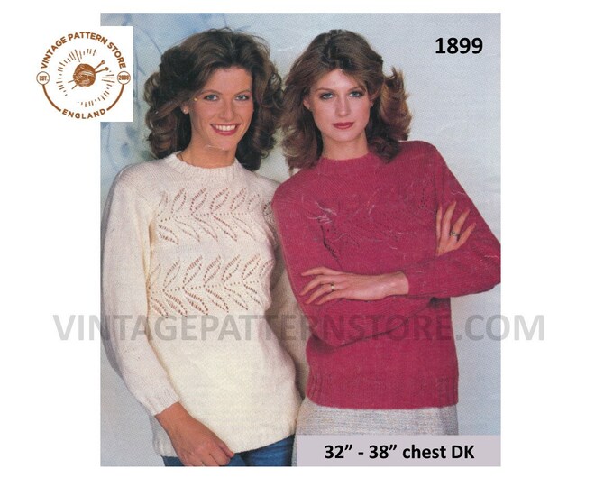 Ladies Womens 80s vintage DK crew neck leaf lace panel lacy raglan sweater jumper pdf knitting pattern 32" to 38" chest Download 1899