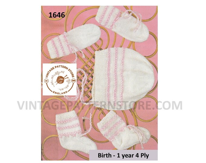 Baby Babies 80s vintage 2 colour 4 ply bonnet booties bootees & mittens pdf knitting pattern ages birth to 1 year Instant PDF download 1646