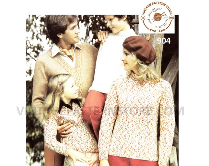 Ladies Womens Mens Girls Boys 70s DK easy to knit & cabled crew or V neck raglan sweater jumper pdf knitting pattern 28" to 44" Download 904