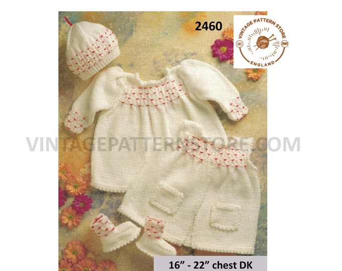 Baby Babies 90s vintage DK smocked yoke yoked short sleeve dress waistcoat bonnet & booties pdf knitting pattern 16" to 22" Download 2460