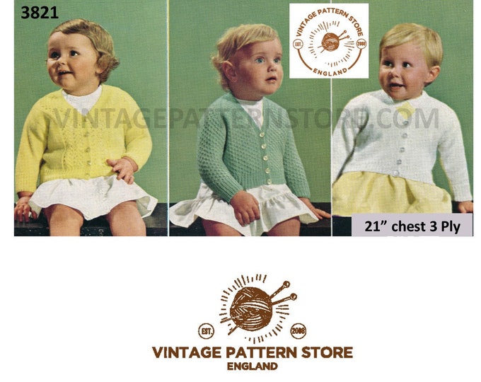 Girls Toddlers 70s vintage 3 ply V neck lacy lace panel textured & easy to knit raglan cardigan pdf knitting pattern 21" Chest download 3821