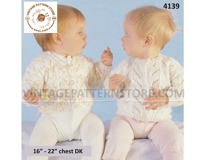 Baby Babies 90s V and round neck lacy eyelet lace drop shoulder raglan DK cardigan pdf knitting pattern 16" to 22" Instant PDF download 4139