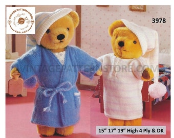 90s 15" 17" 19" high DK and 4 ply Teddy Bear dolls clothes dressing gown nightshirt and bed cap pdf knitting pattern PDF download 3978