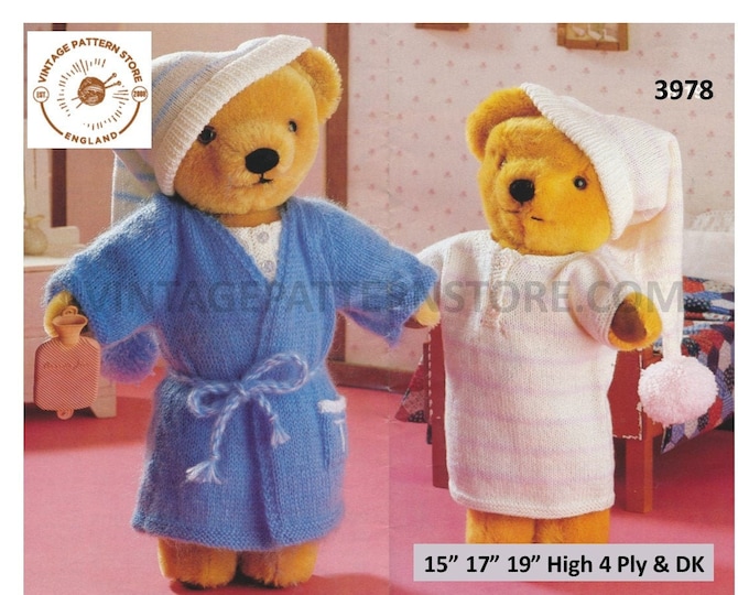 90s 15" 17" 19" high DK and 4 ply Teddy Bear dolls clothes dressing gown nightshirt and bed cap pdf knitting pattern PDF download 3978