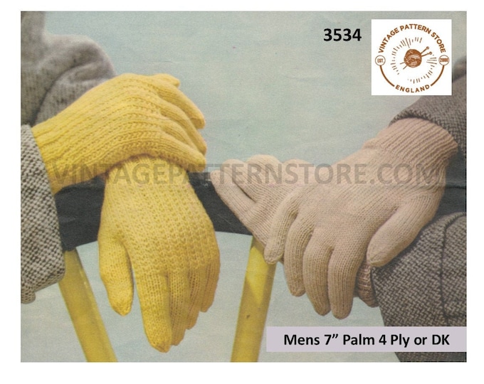 Mens Mans 50s vintage simple and easy to knit plain & rib ribbed DK and 4 ply gloves pdf knitting pattern 7" palm size Instant Download 3534