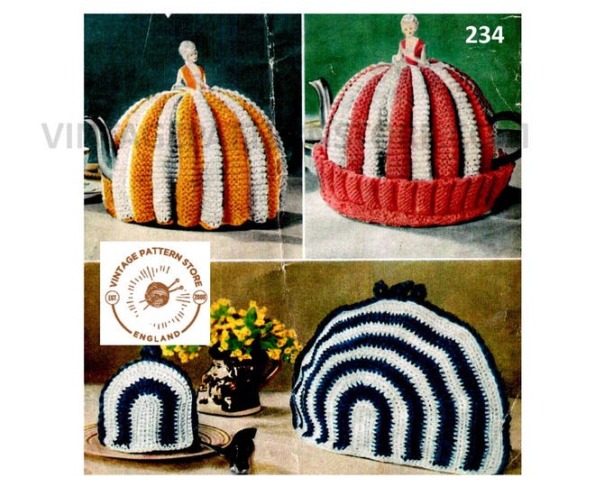 40s vintage DK Victorian lady crinoline dress and striped tea & egg cosy and tea cozy nest pdf knitting pattern Instant PDF download 234