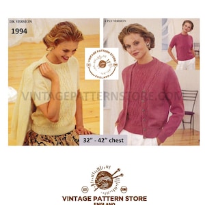 May include: Vintage knitting pattern for a two-piece sweater set. The pattern is for a DK version and a 4 ply version. The pattern is for a chest size of 32 to 42 inches.