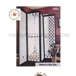 May include: A vintage crochet pattern for a room divider. The pattern is for a three-panel room divider with a diamond-shaped design. The pattern is from Vintage Pattern Store, England. The pattern number is 2961. The pattern can be made to any size.