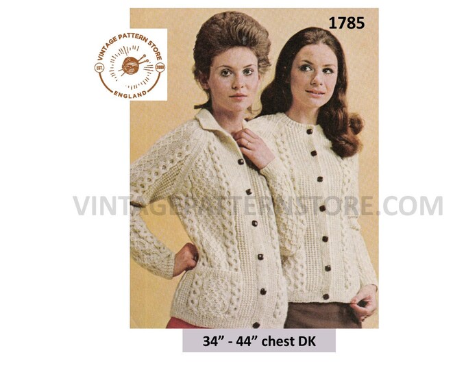 Ladies Womens 70s vintage round neck collared DK or aran cable cabled raglan cardigan jacket pdf knitting pattern 34" to 44" Download 1785